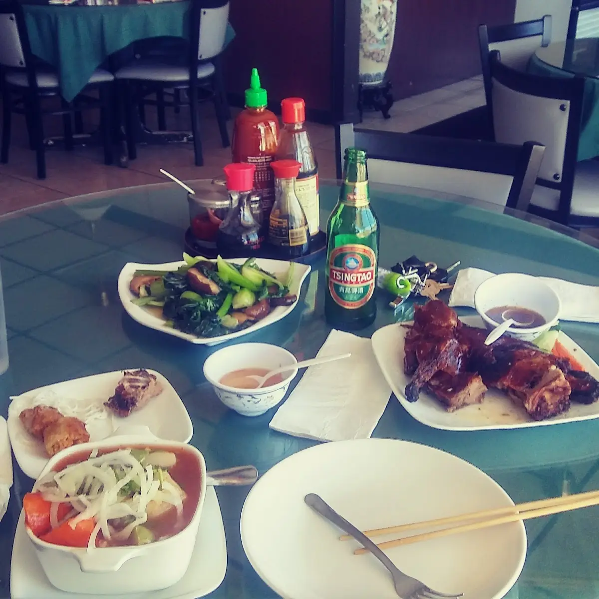 Roasted Duck Fried Vietnamese Spring Roll Soup and Vegetables