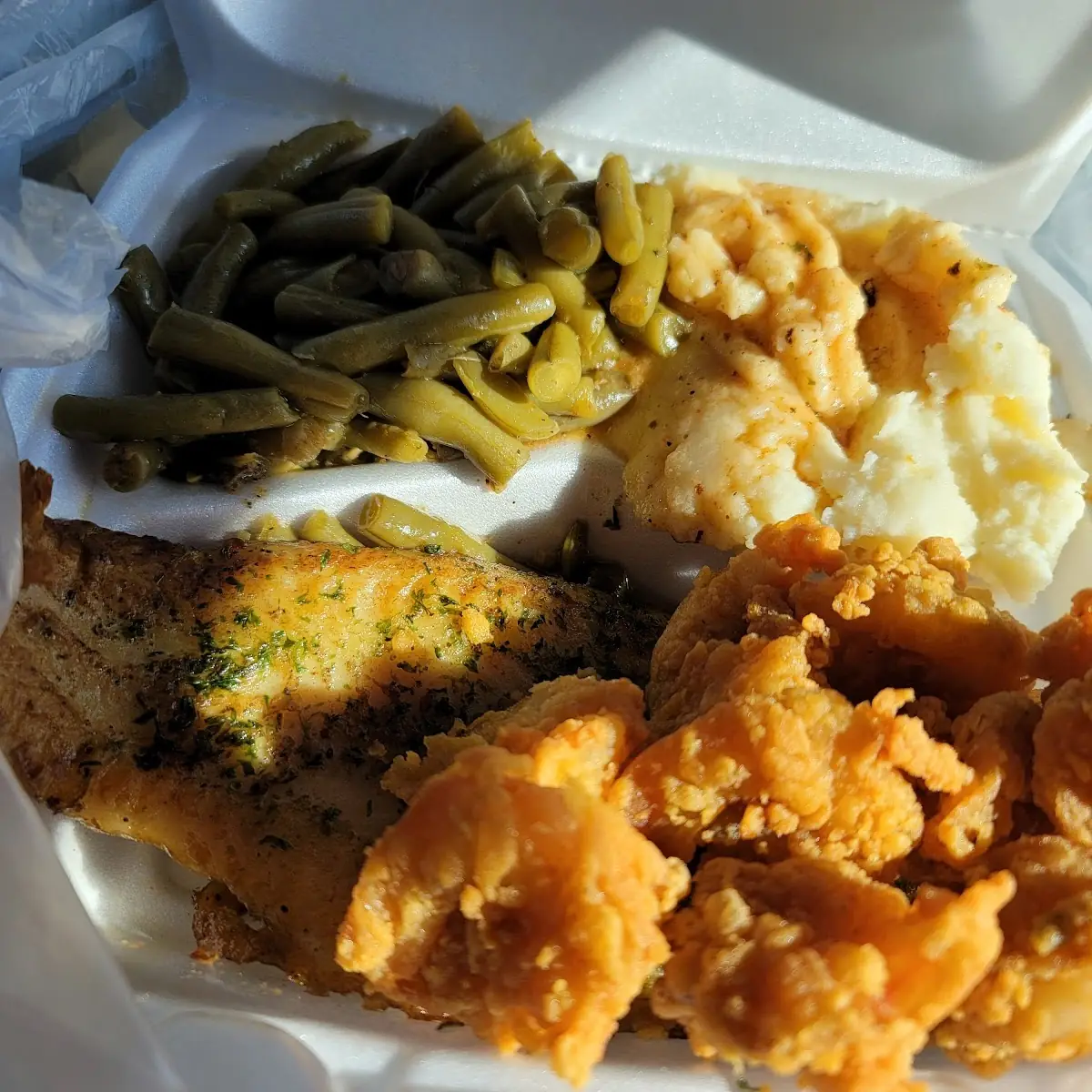 Fried Shrimp Grilled Fish with Mashed Potatoes and Gravy and Green Beans