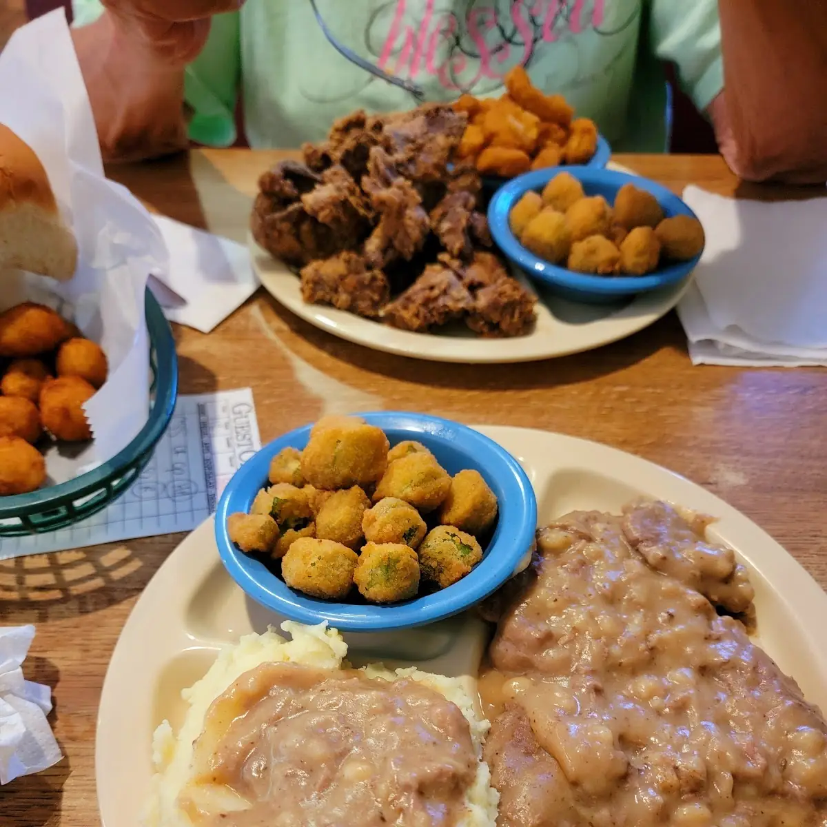Hamburger Steak Mashed Potatoes with Gravy Fried Okra Dinner