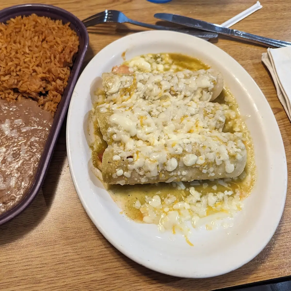 Enchiladas Verdes with Beans and Rice