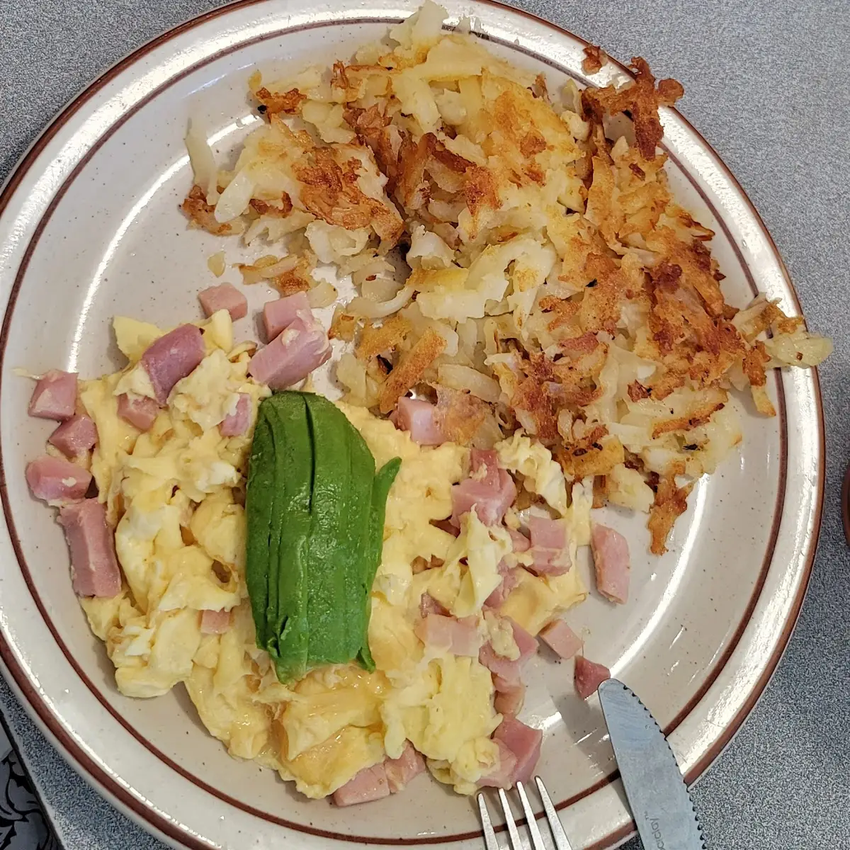 Diced Ham and Eggs Added Avacado w Hashbrowns
