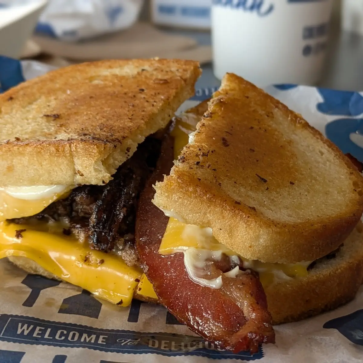 Double Cheeseburger with Bacon on Sourdough Bread
