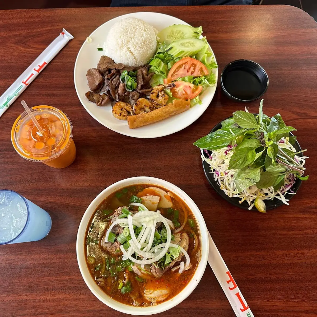Grilled Beef Shrimp Egg Roll & Rice Bun Bo Hue Thai Tea