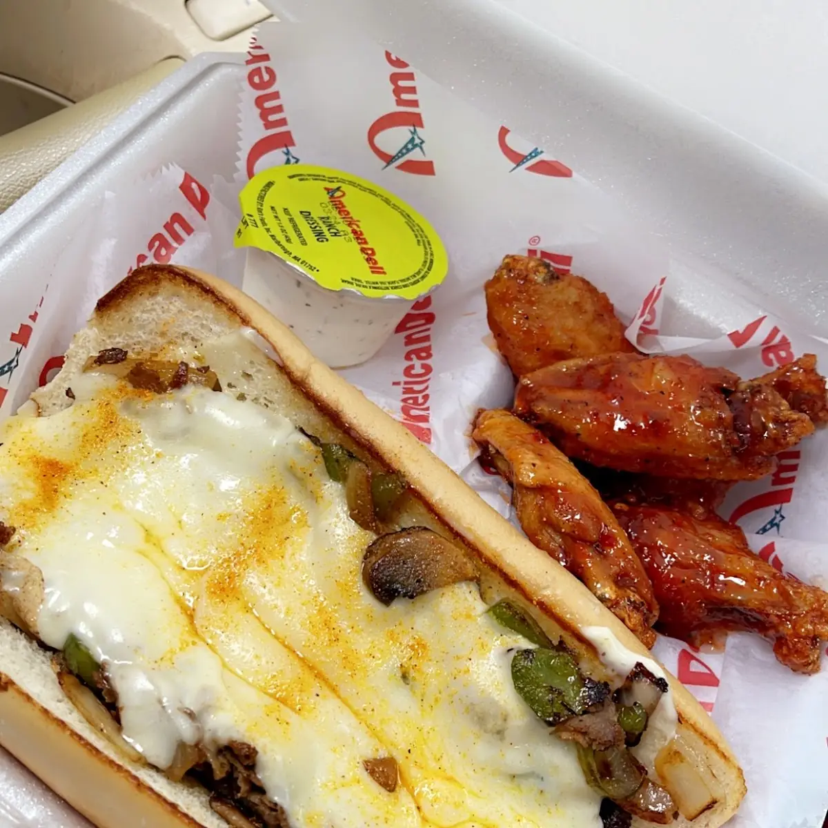Philly Cheesesteak Sandwich Extra Cheese & Wings