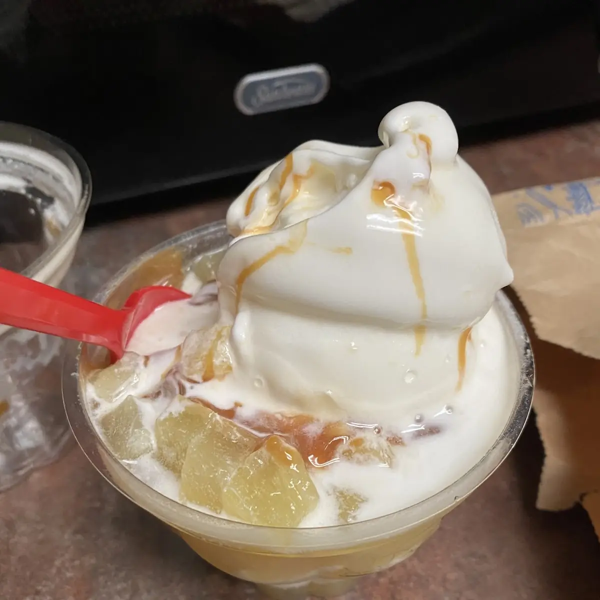 Vanilla Ice Cream with Pineapple Topping and Caramel