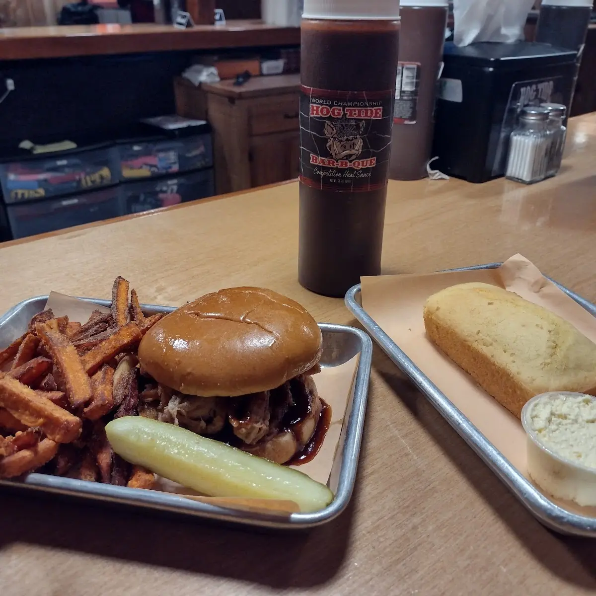 Pulled Pork Sandwich Cornbread and Sweet Potato Fries