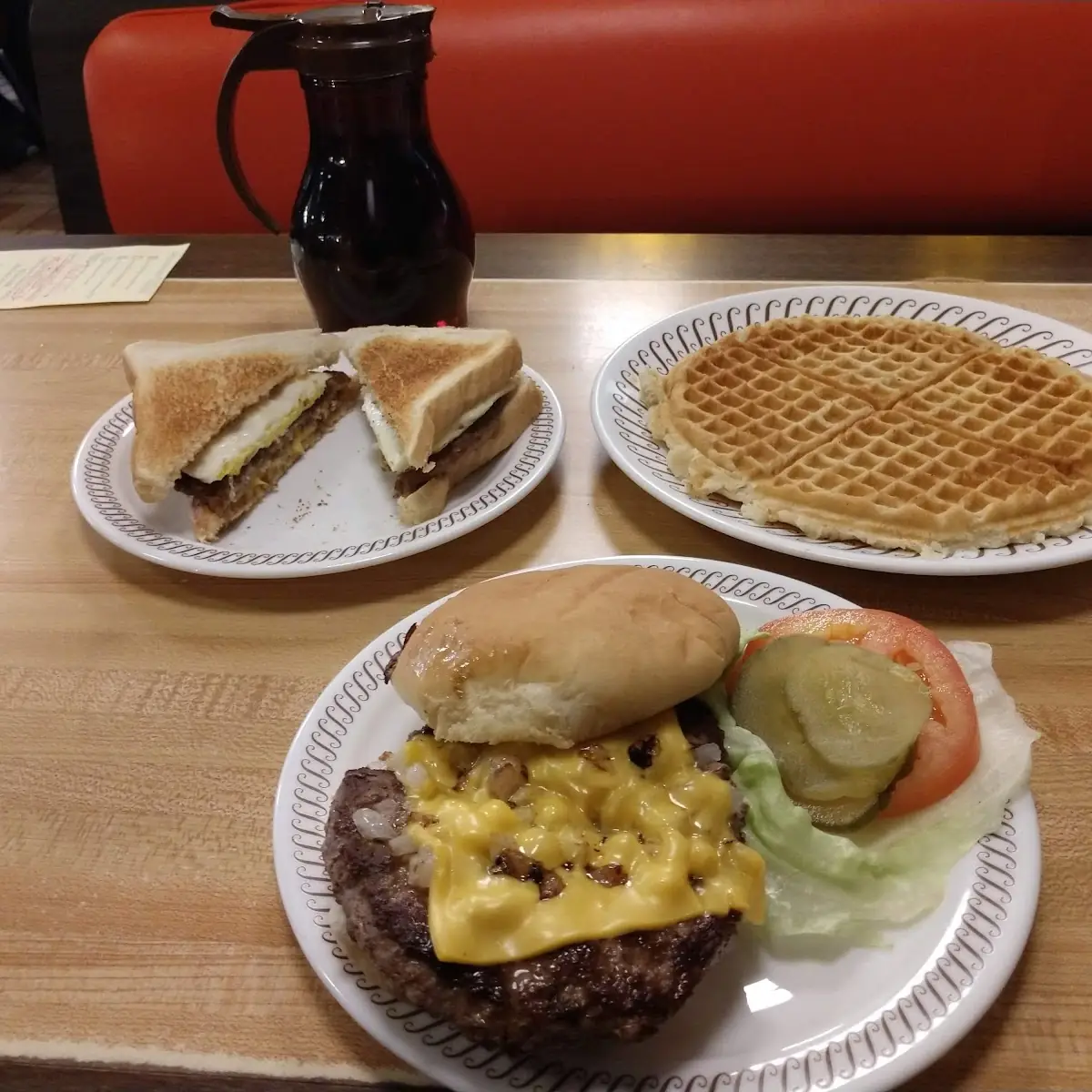 Cheeseburger Sausage Egg and Cheese Sandwich and Waffle