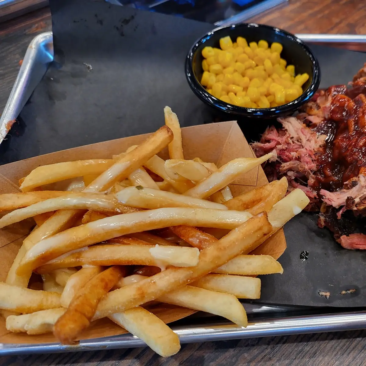 Pulled Pork Plate with Cheese Fries & Sweet Corn