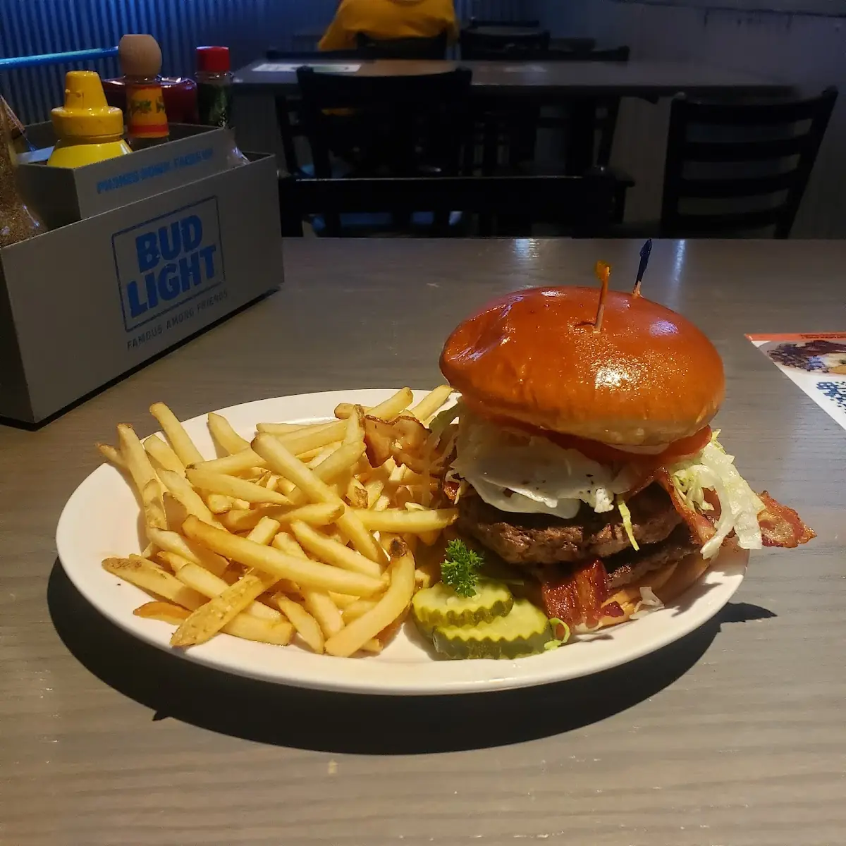 Hangover Burger w Overeasy Egg Bacon Lettuce Tomato Blue Cheese