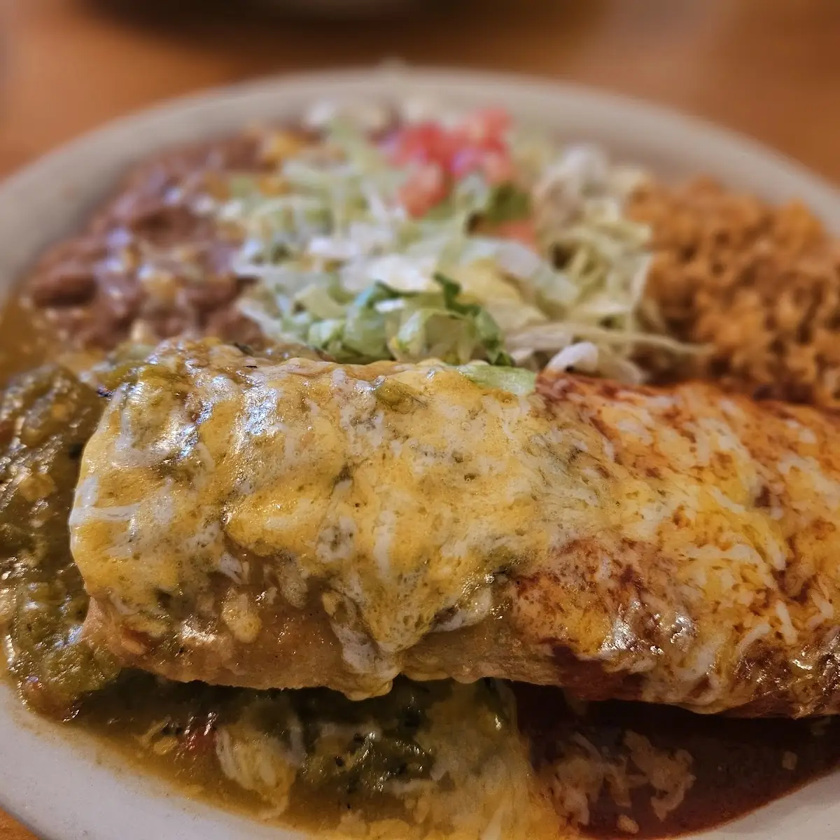 Taco Enchilada Chile Relleno Plate with Refried Beans and Rice