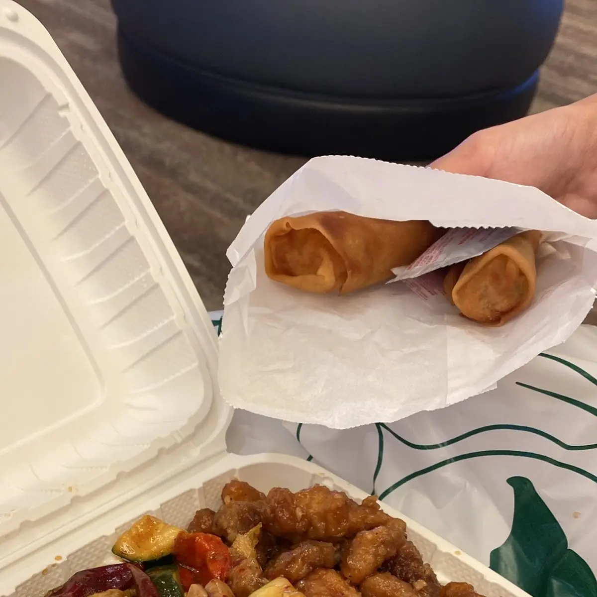 Orange Chicken Veggie Egg Roll Fried Rice