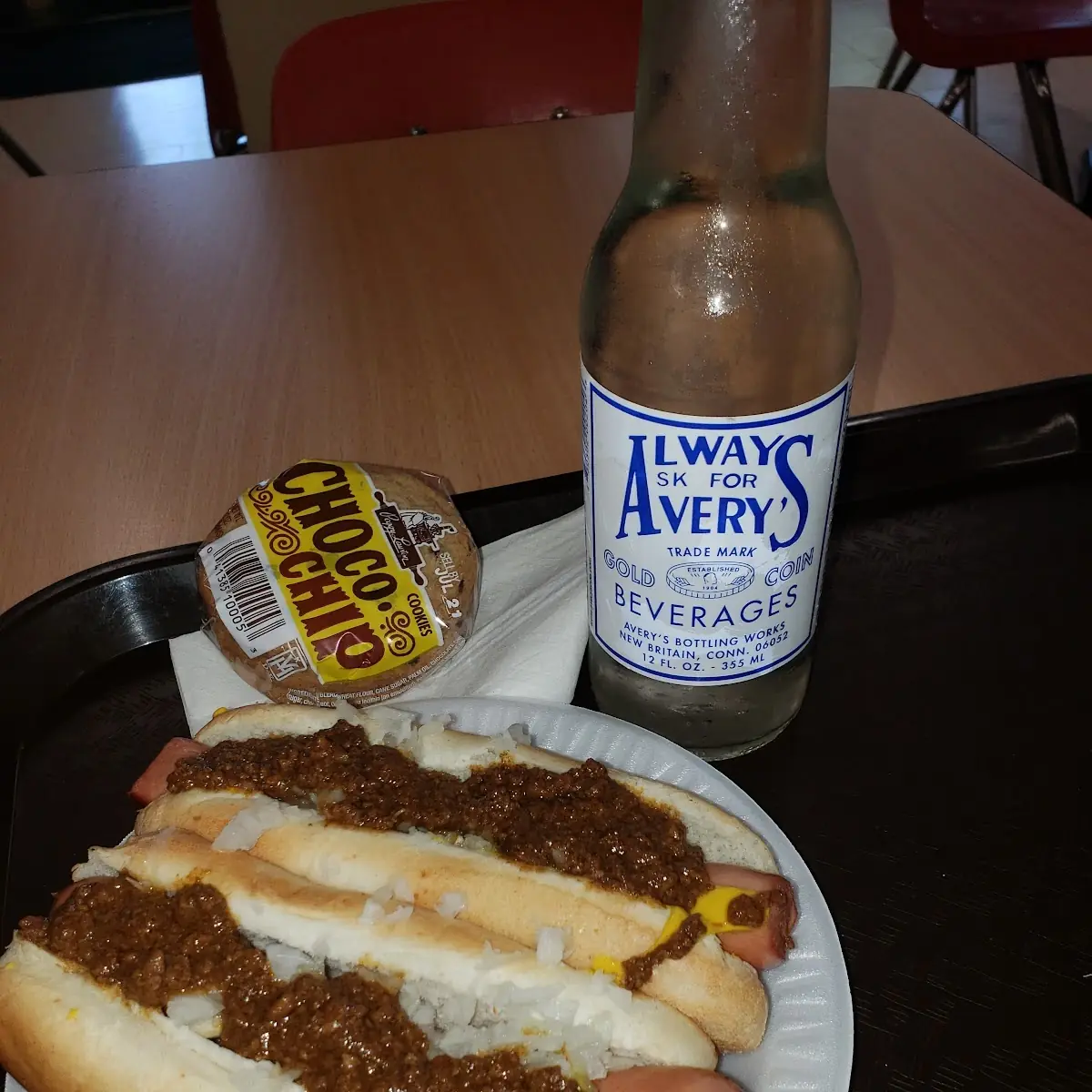 2 Hot Dogs with Everything Chips Chocolate Milk and Berch Bear Soda Chocolate Chip Cookies