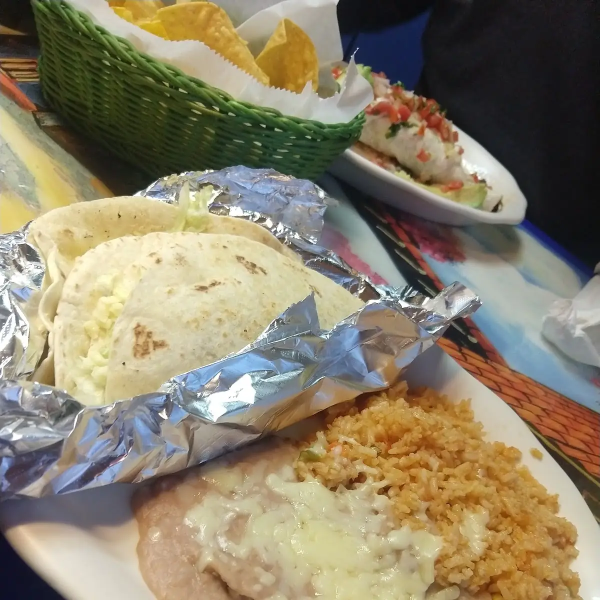 Two Soft Shell Beef Tacos w Rice and Beans
