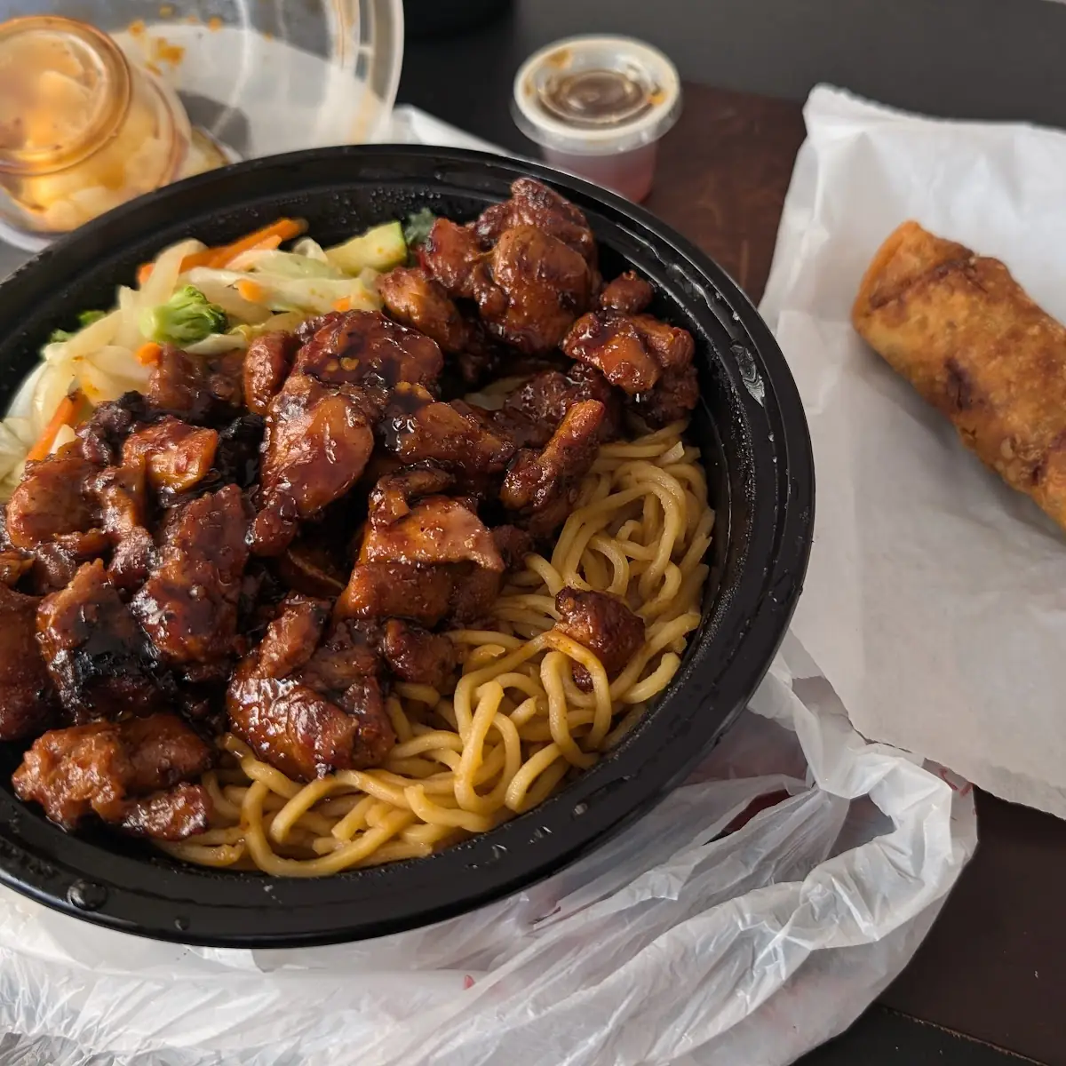 Spicy Chicken Teriyaki with Noodles & Egg Roll