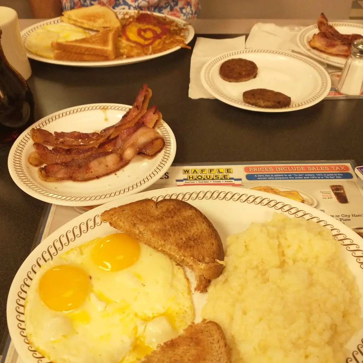 Grits Wheat Toast Eggs Sunny-Side Up Bacon Soft