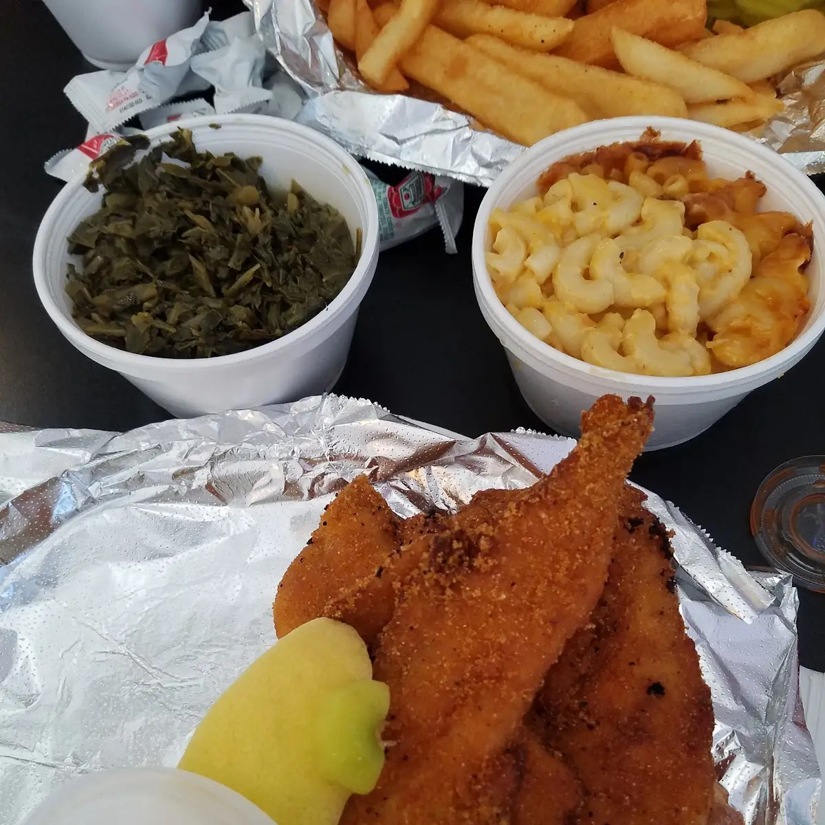 Fried Red Snapper Greens and Mac & Cheese