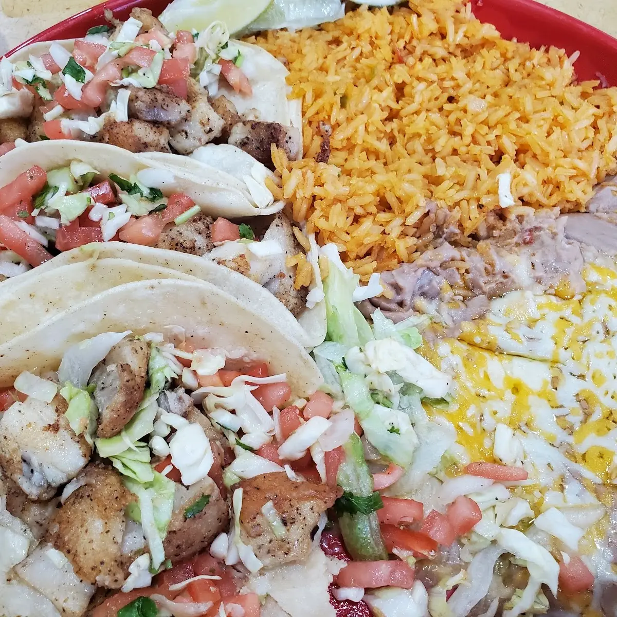 Fish Tacos Grilled with Rice and Beans