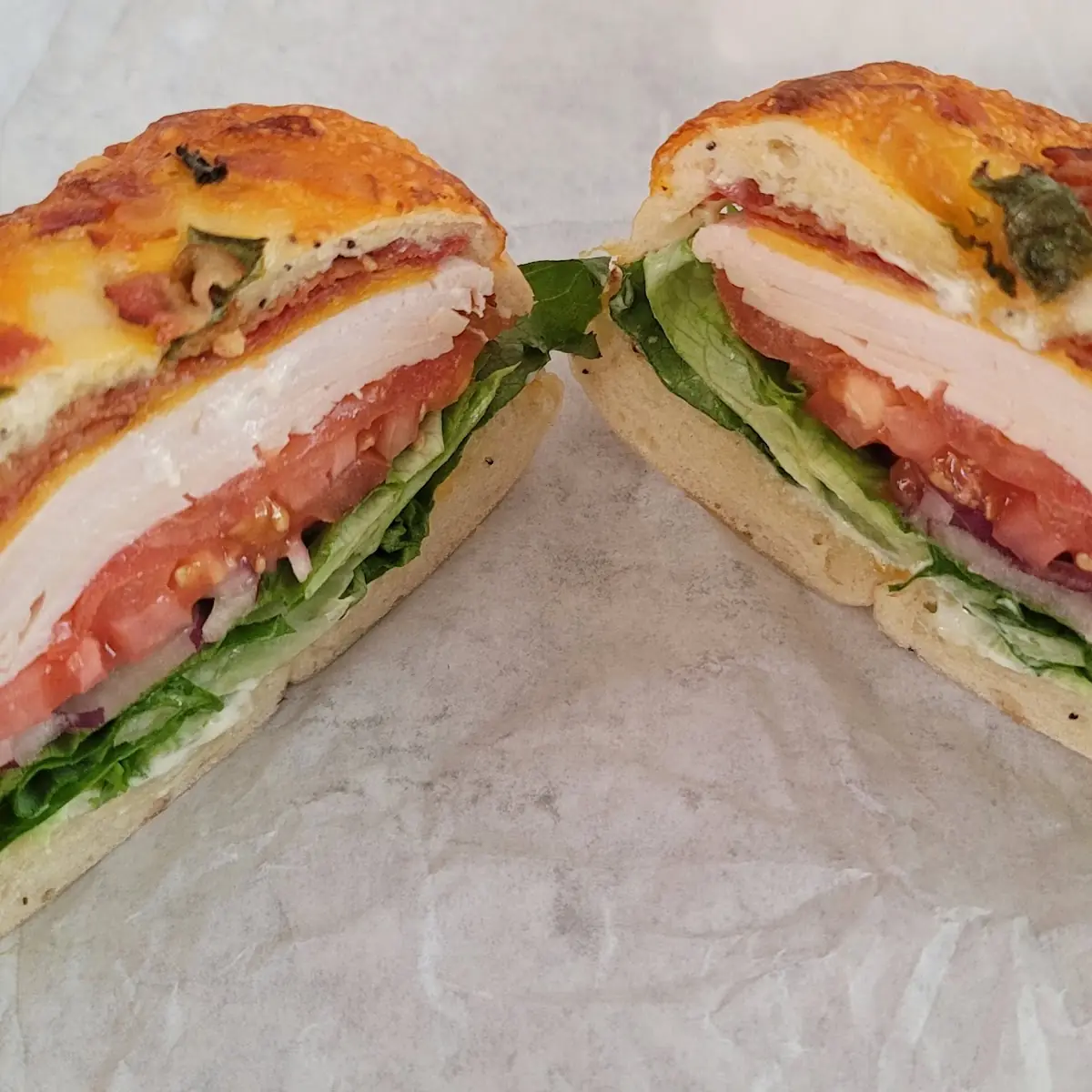 Turkey Bacon Cheese on Bacon Cheddar Bagel
