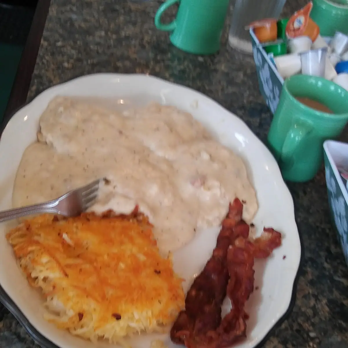 Biscuit and Gravy Hash Browns and Bacon