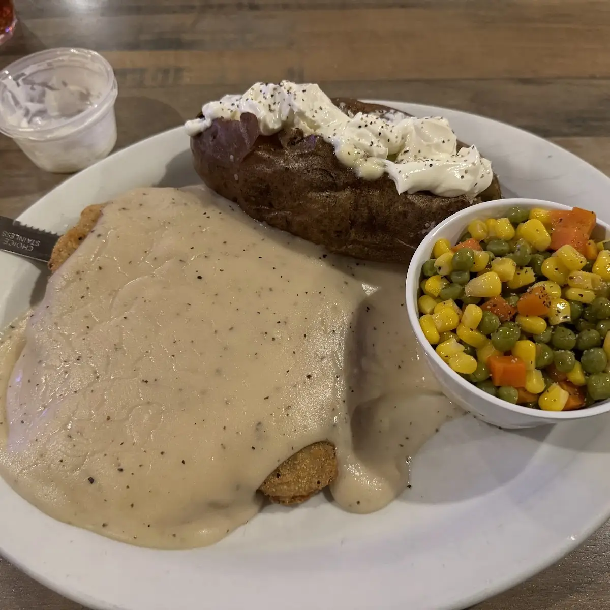 Chicken Fried Steak and Mixed Veggies with Baked Potato