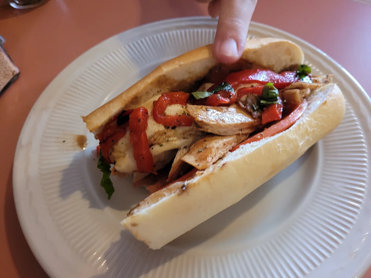 Grilled Chicken Sub with Roasted Peppers Mozzarella Fresh Basil and Balsamic Vinaigrette