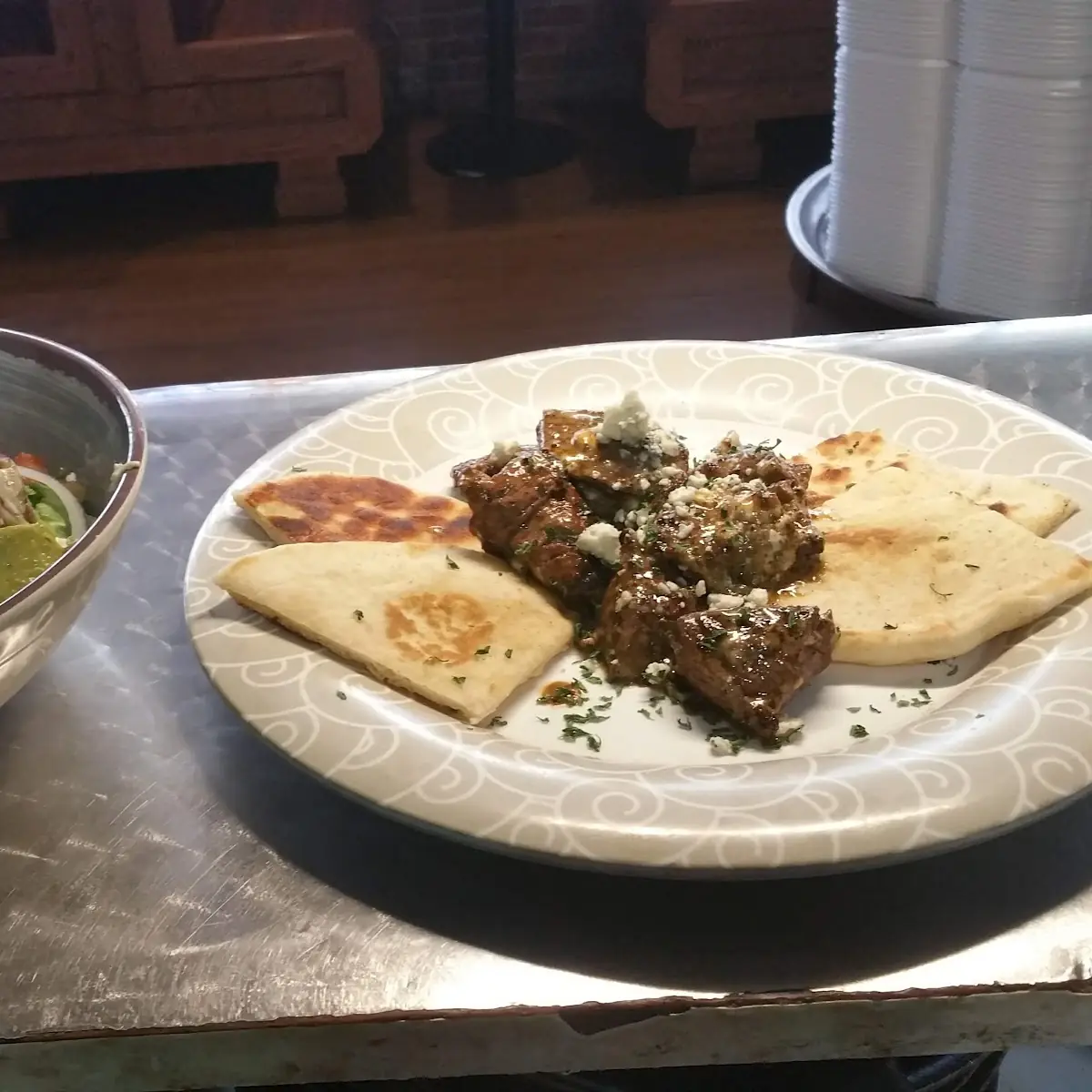 Black and Peep Black and Beef Tips with Peter Bread and a House Salad