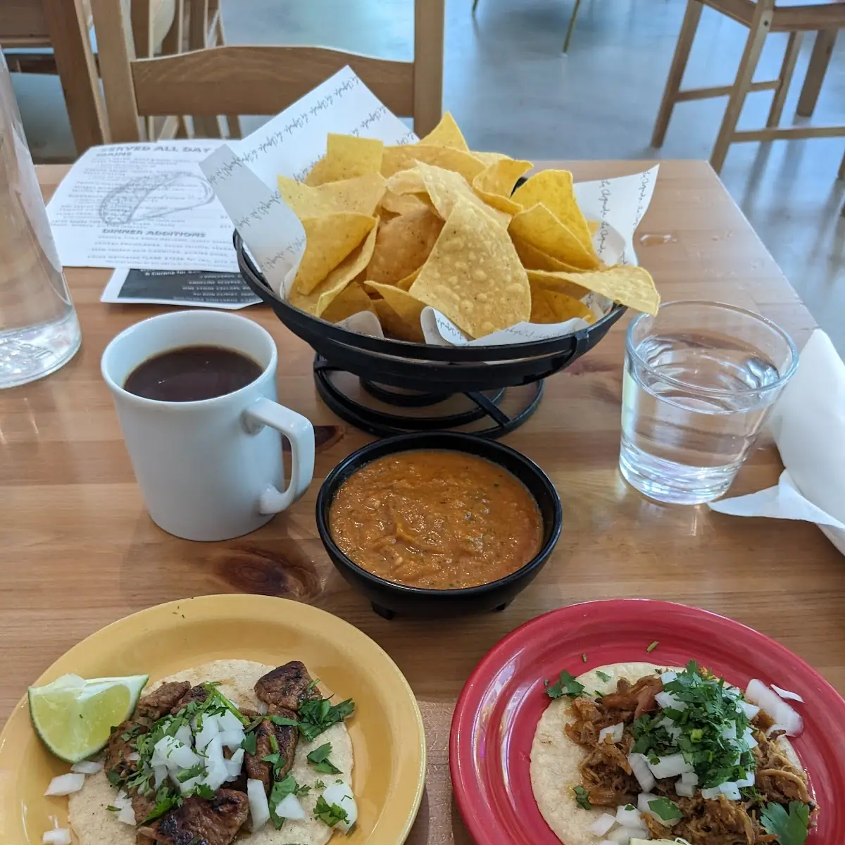 Two Tacos Chips and Salsa Roja Americano
