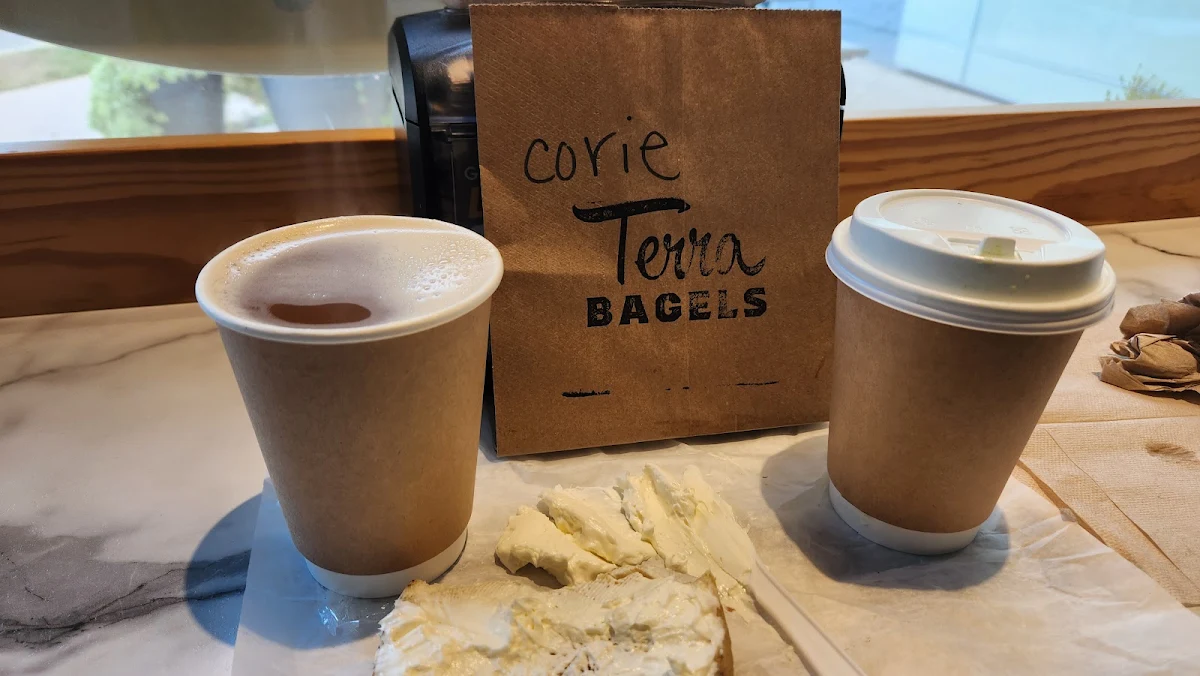 Hot Apple Cider Bagel and Matcha Latte
