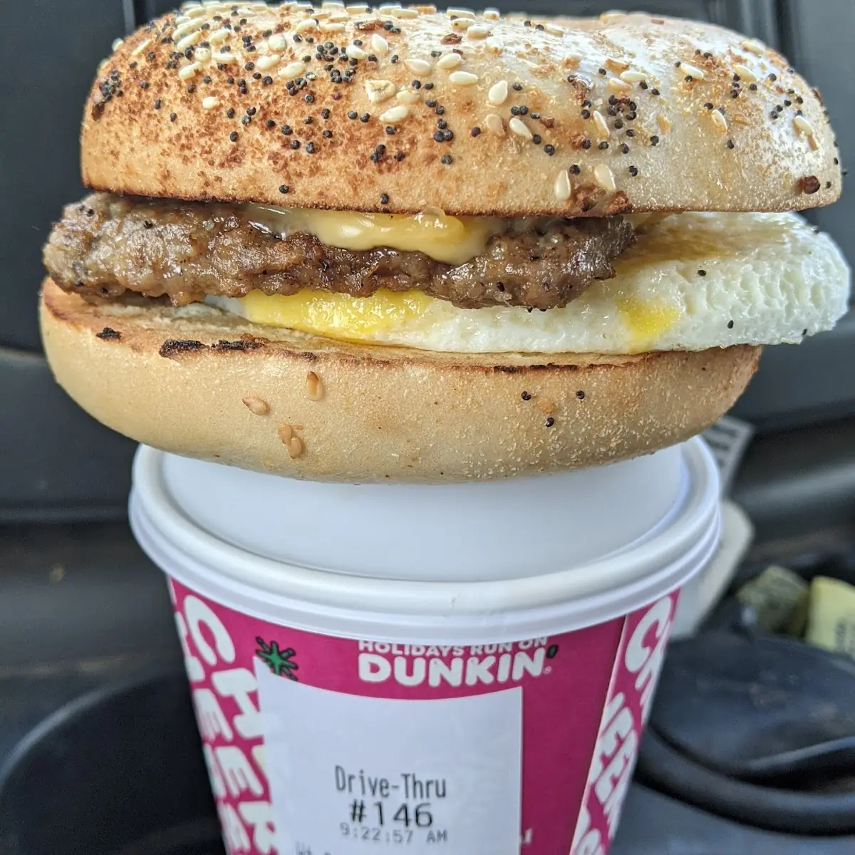 Turkey Sausage Egg and Cheese on a Everything Bagel