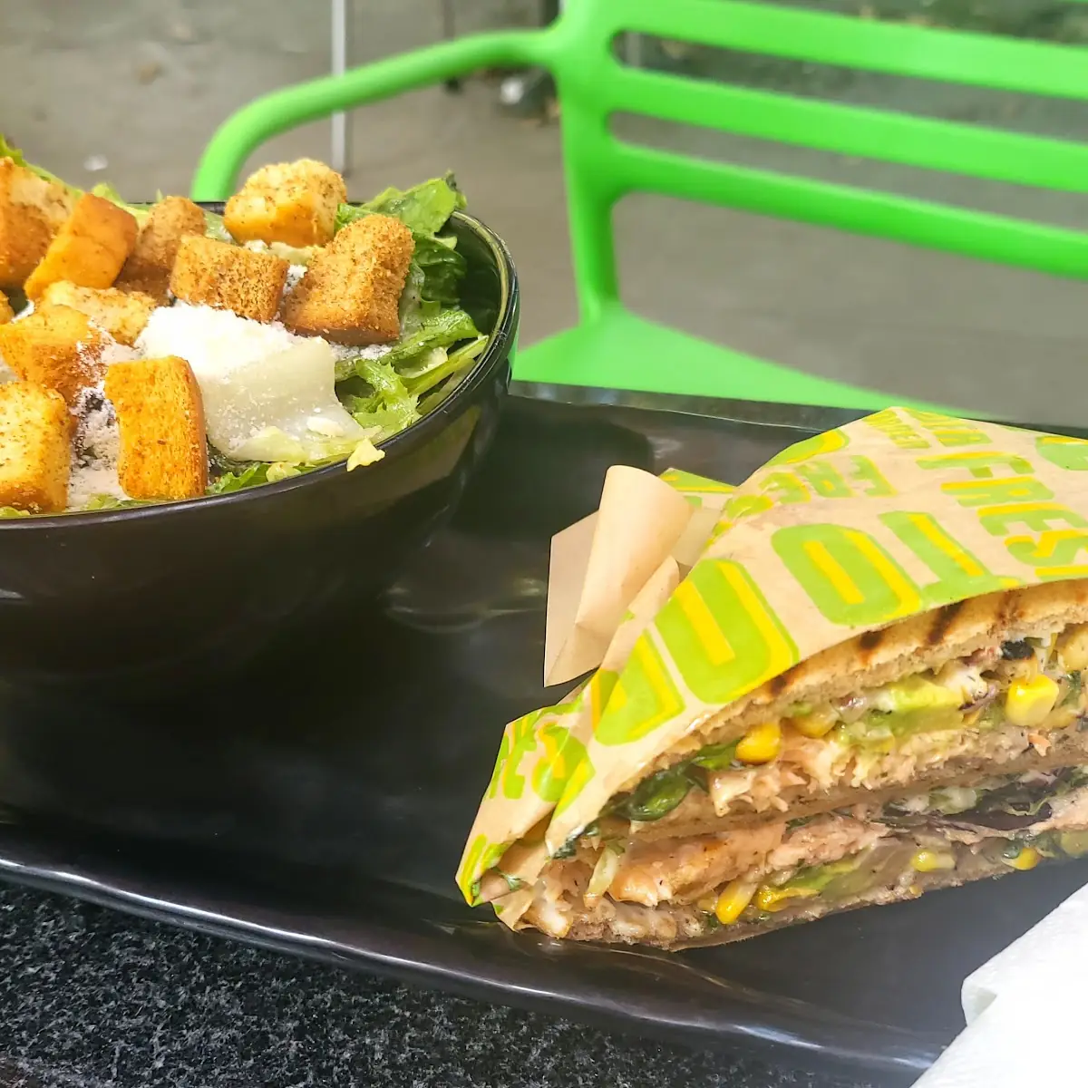 Cesar Salad and Chicken Panini