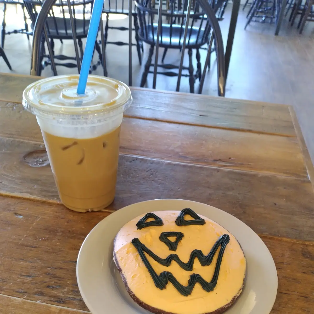 Carmel Latte and Half Moon Cookie with Pumpkin Face