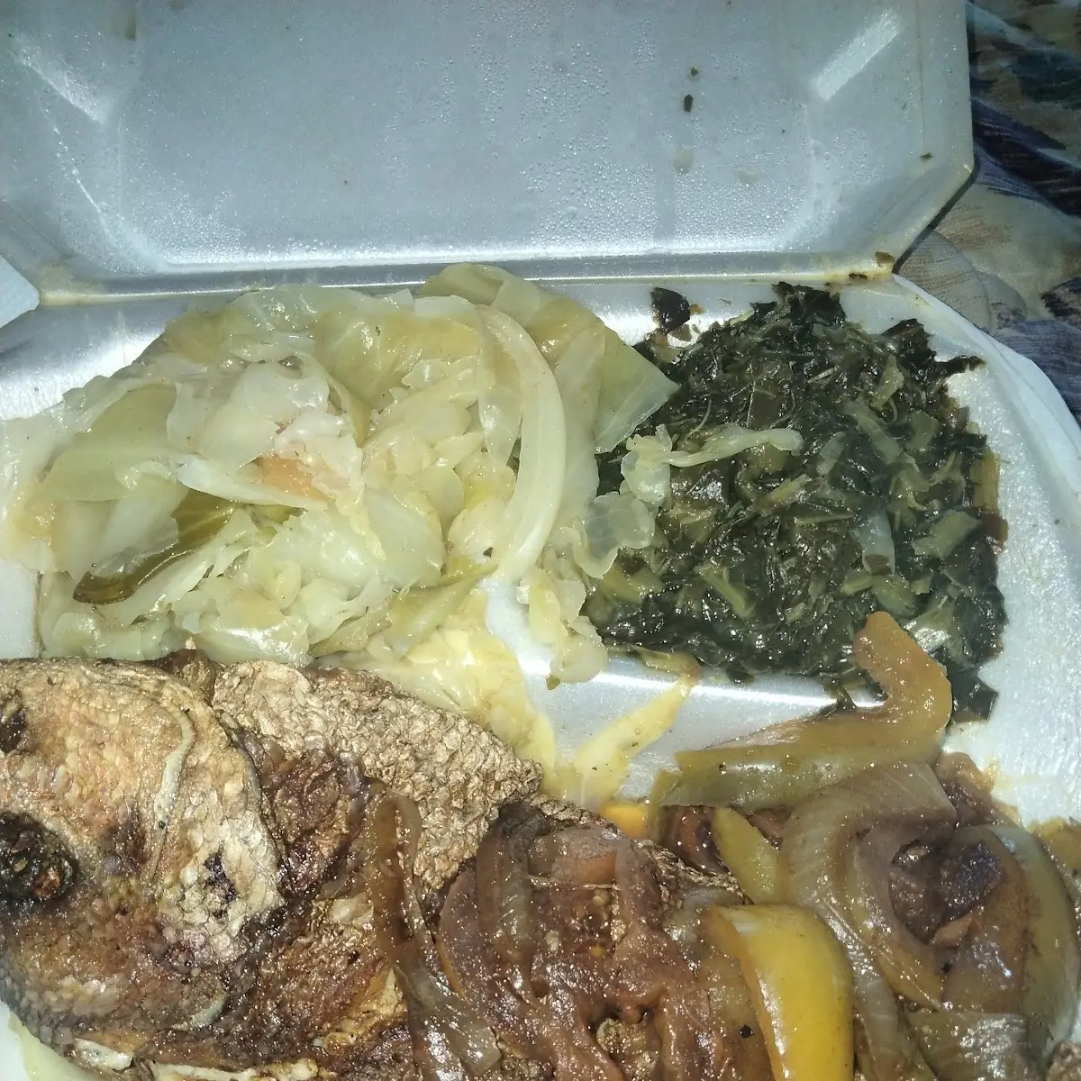 Brown Stew Snapper with Greens and Cabbage
