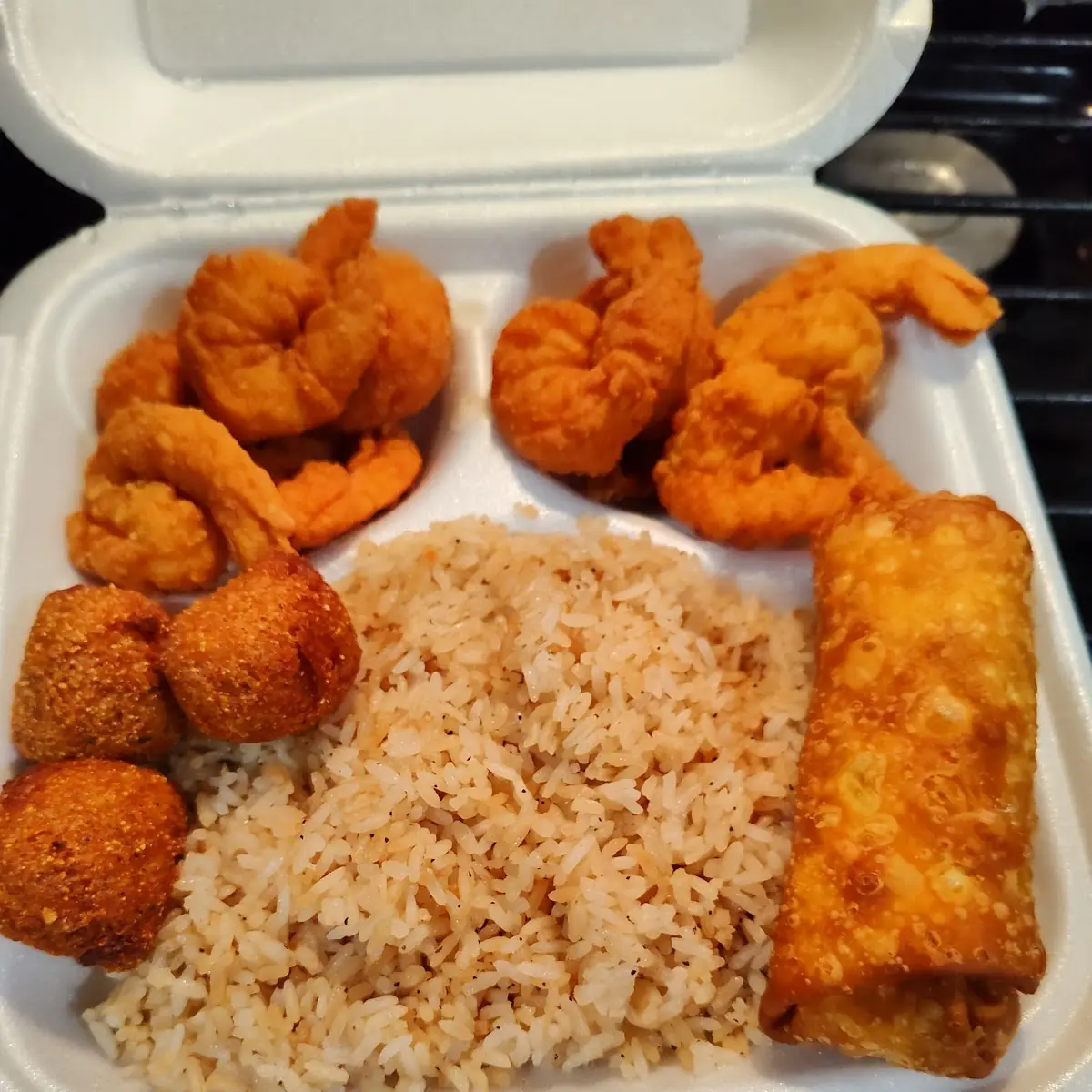 Fried Shrimp Fried Rice w White Sauce & Spring Rolls