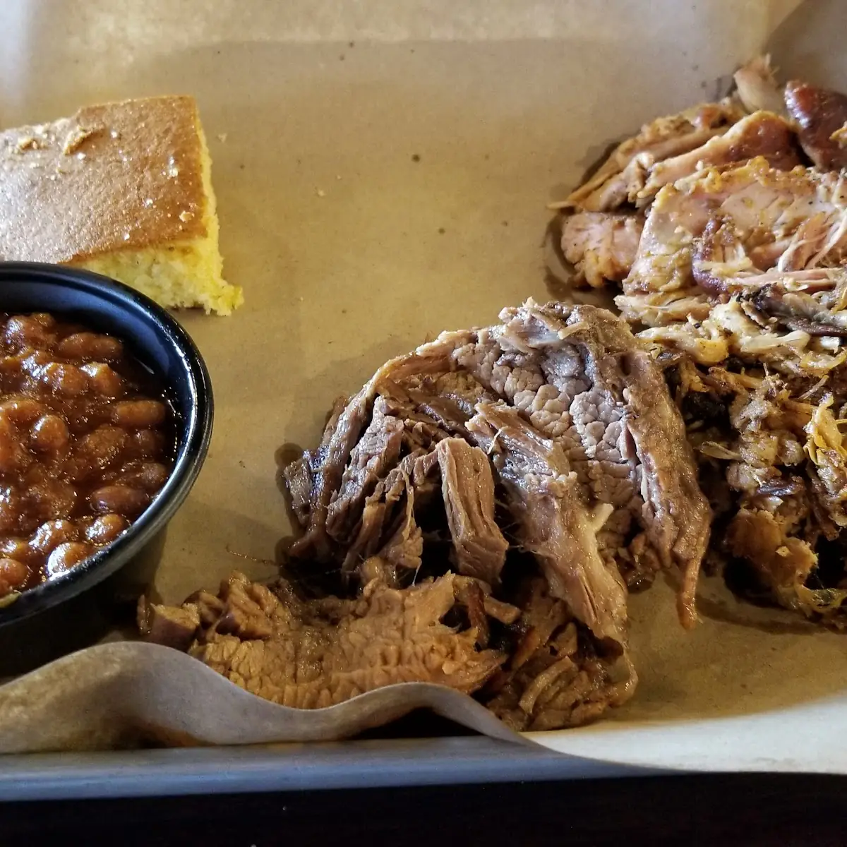 Three Meat Combo Brisket Pork and Chicken with Baked Beans and Cornbread