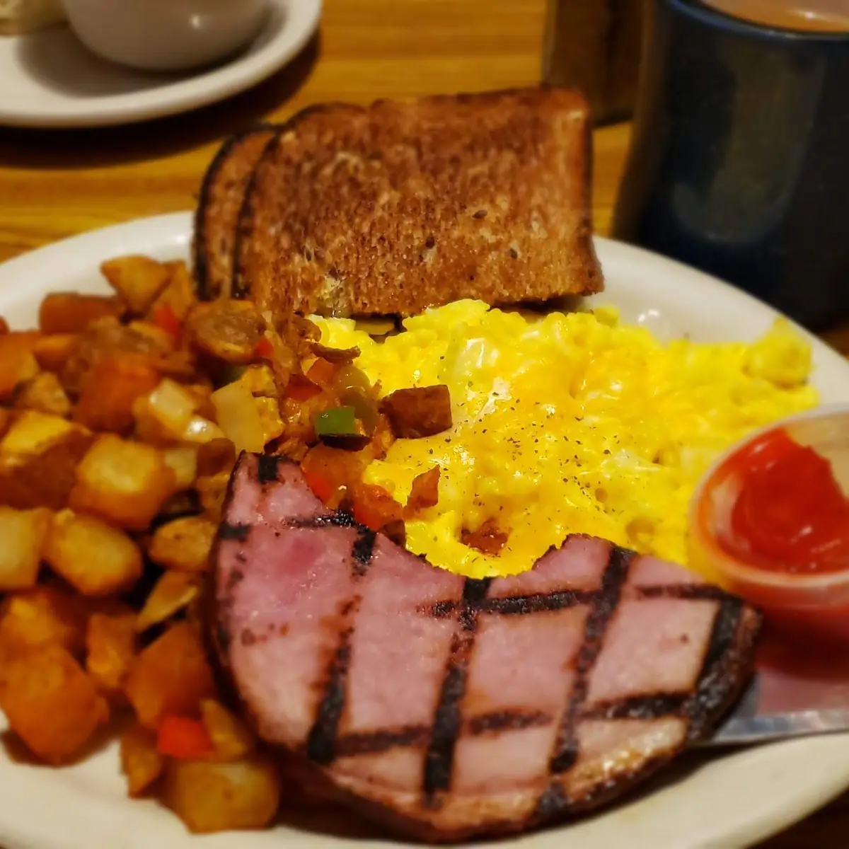 Scrambled Eggs with Cheese Plus a Slice of Ham