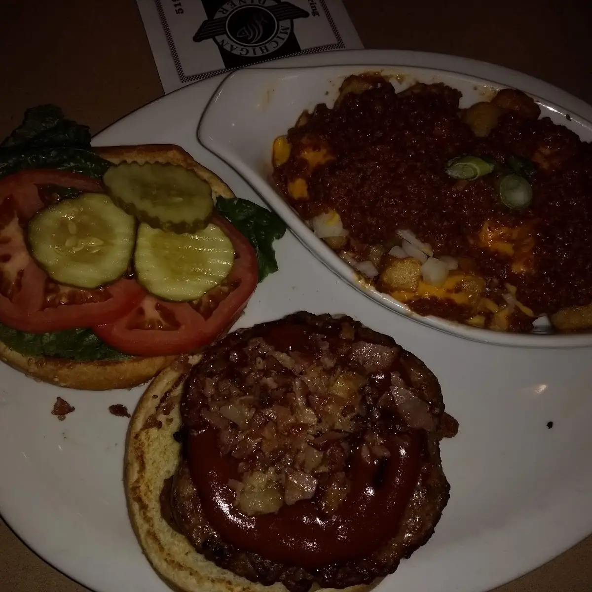 Bacon and Mushroom Hamburger and Tater Tots with Chili Cheese and Onions