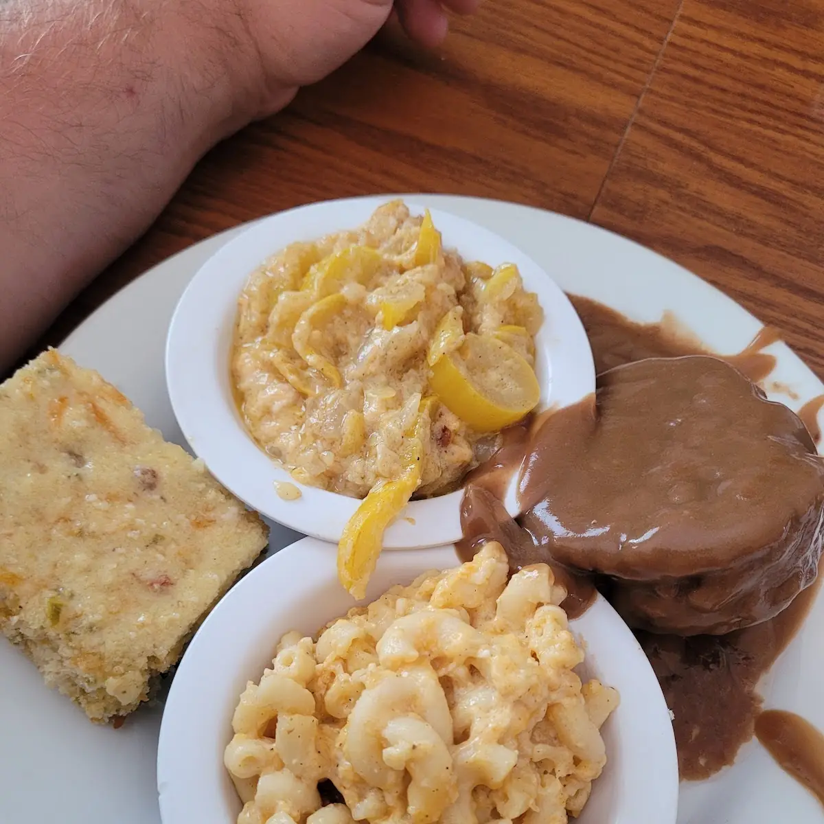 Hamburger Steak Macaroni Cheese and Squash Casserole