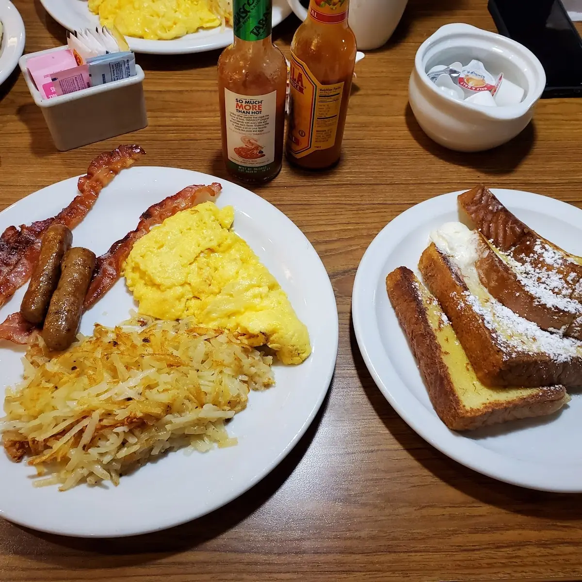 Pancakes Scrambled Egg with Hash Brownamd Bacon