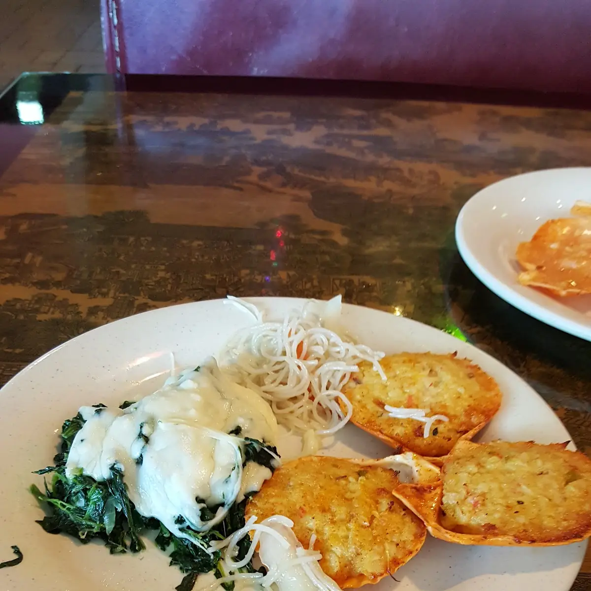 Crab Cakes in Shell Spinach and Cheese Bake and White Noodles