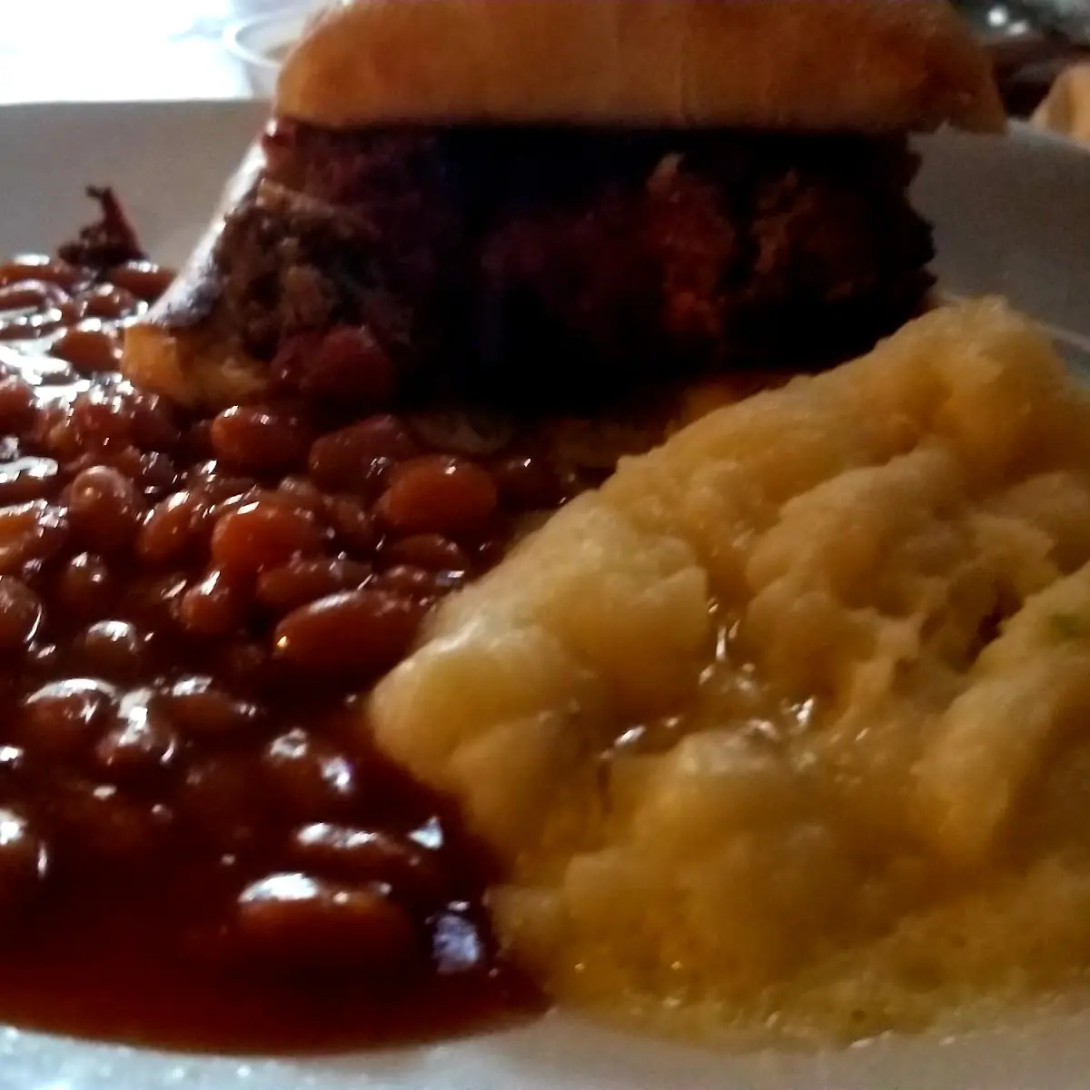 Meatloaf Sandwich Baked Beans Mashed Potatoes
