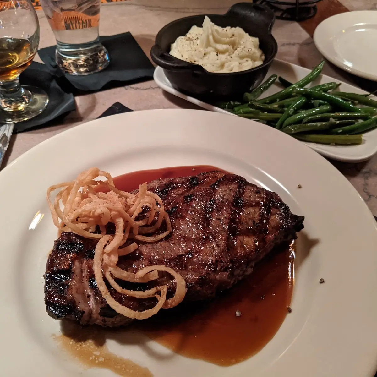 Ribeye Steak with Shallot Green Beans and Mashed Potatoes