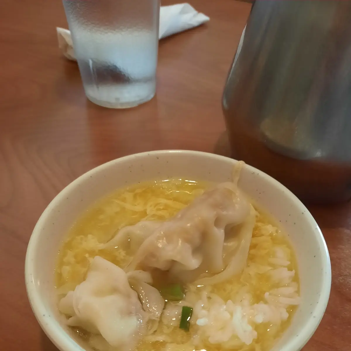 Egg Drop Soup over White Rice with Dumplings