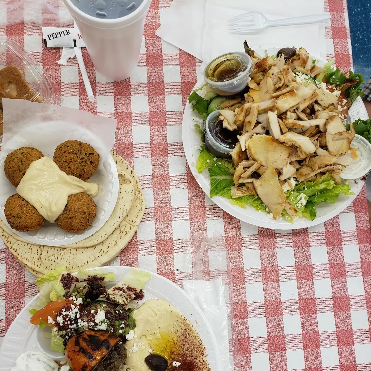 Kofta Kabob Plate Falafel and a Chicken Shawarma Salad
