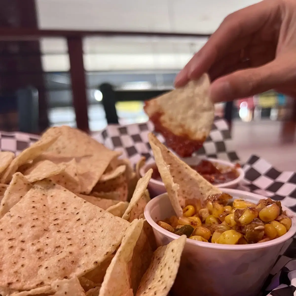 Chips and Salsa Roja and Corn Salsa