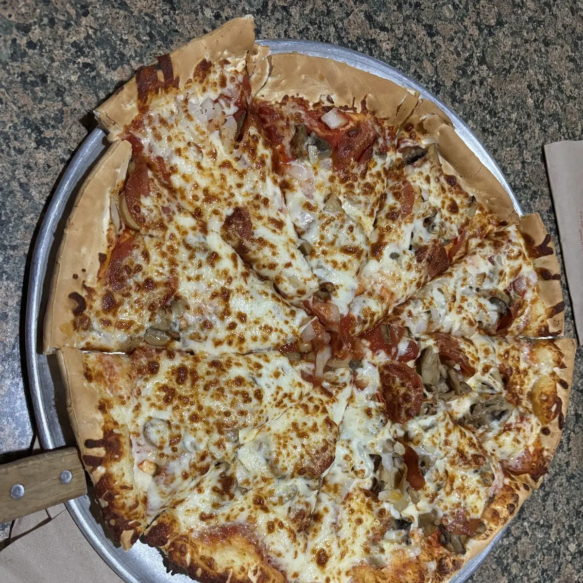 Pepperoni Mushroom and Onion Pizza