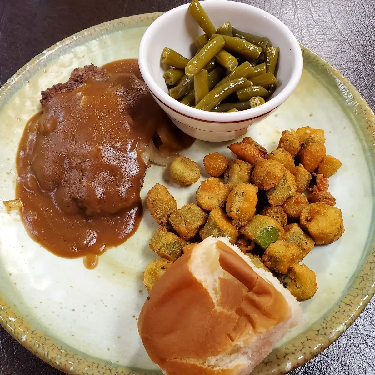 Hamburger Steak with Gravy String Beans Mashed Potatoes