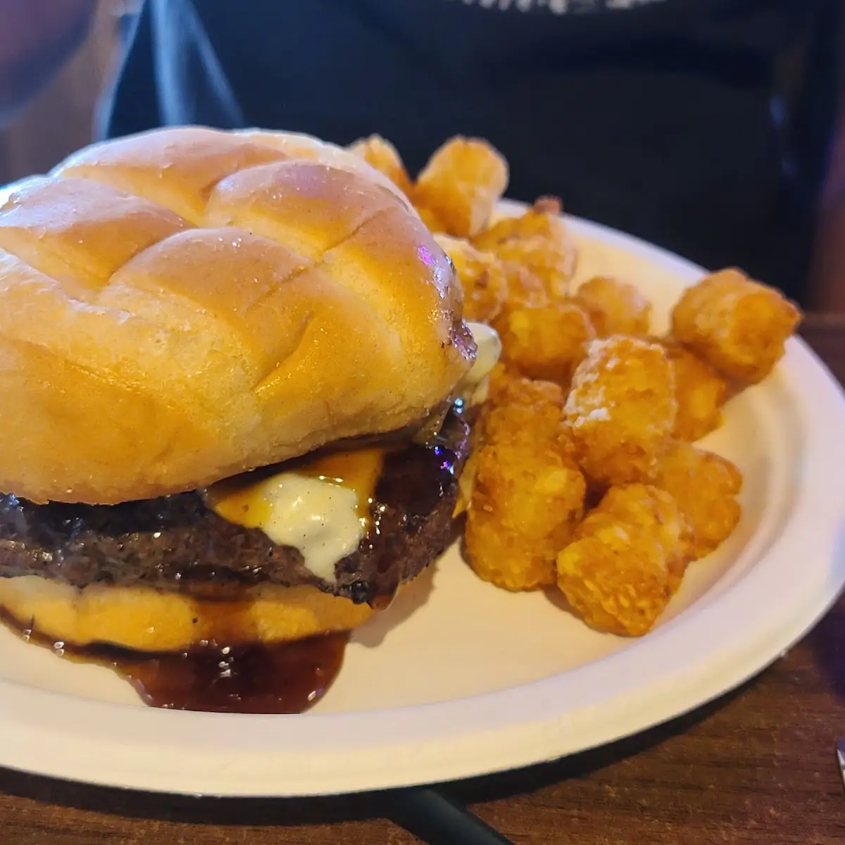 Bourbon Mushroom Swiss Burger with Tots