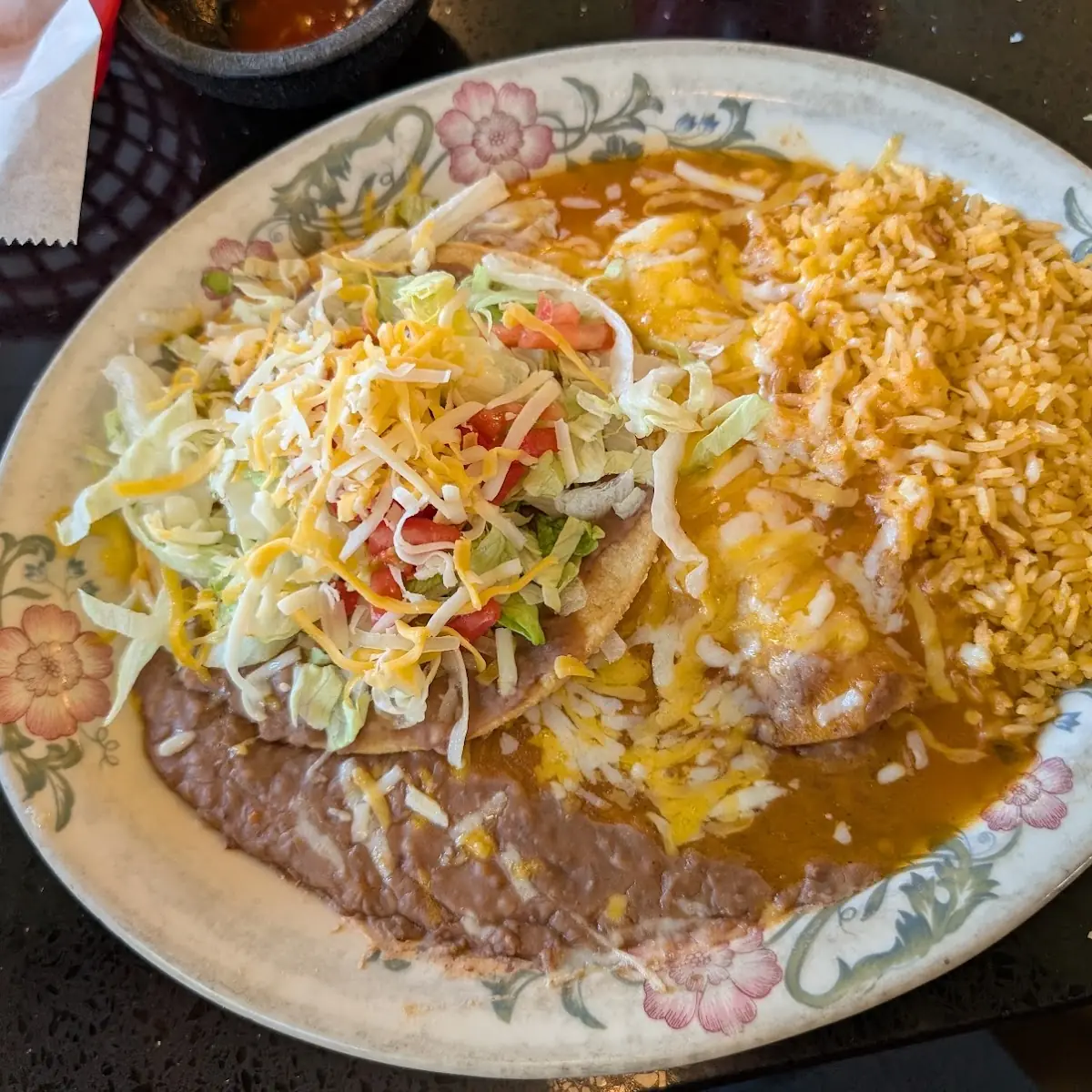 Pork Enchilada Chili Relleno Rice and Beans