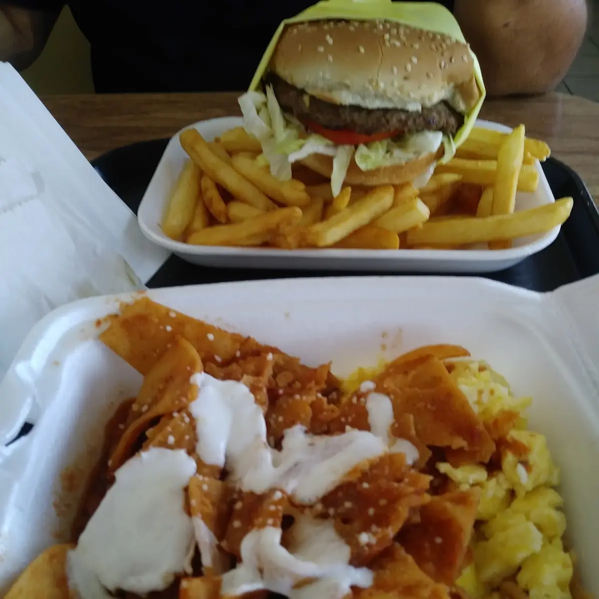 Chilaquiles Mexicanos with Scrambled Eggs and a Cheeseburger Special