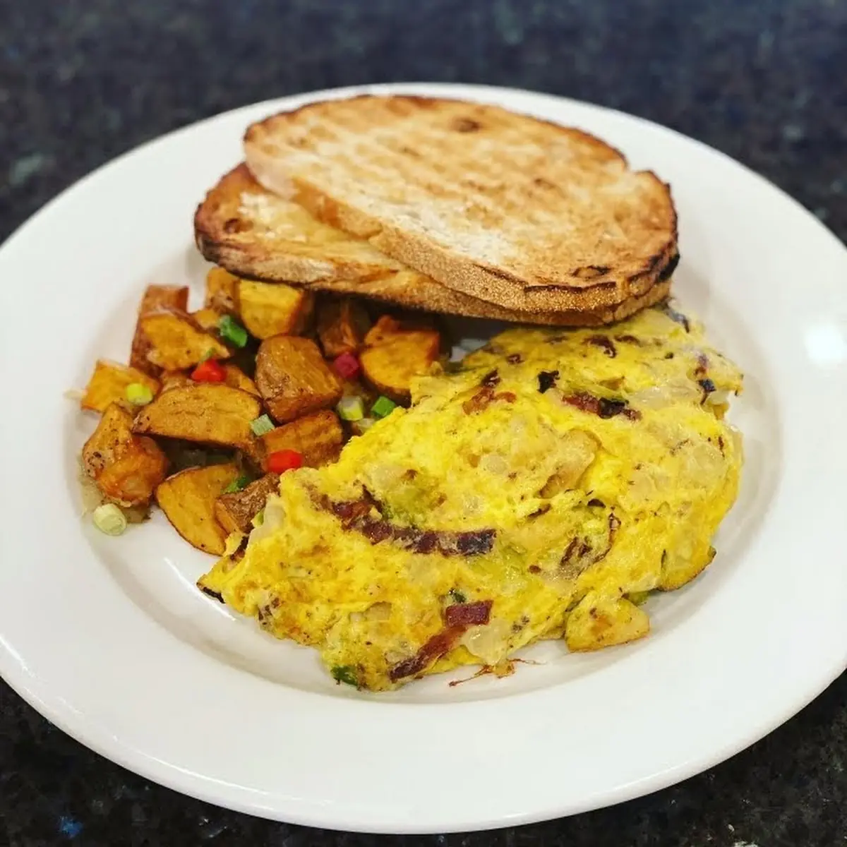 Scrambled Eggs Potatoes and Toast